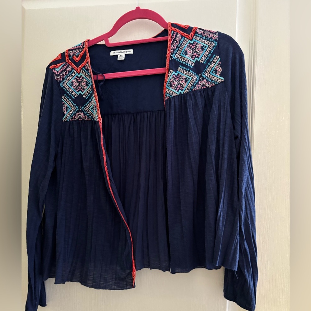 American Eagle, Navy Blue Embroidered Top